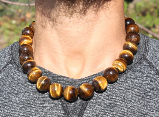 20mm Yellow Tiger Eye Men’s Beaded Necklace – Bold Gemstone Jewelry for Protection, Confidence & Motivation