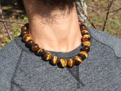 20mm Yellow Tiger Eye Men’s Beaded Necklace – Bold Gemstone Jewelry for Protection, Confidence & Motivation