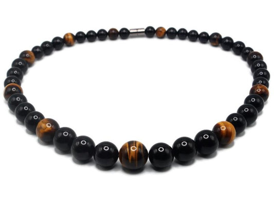 Auras by Osiris Yellow Tiger Eye & Black Onyx Necklace – Handmade Healing Crystal Mala for Confidence, Protection & Strength