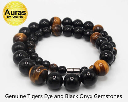 Auras by Osiris Yellow Tiger Eye & Black Onyx Necklace – Handmade Healing Crystal Mala for Confidence, Protection & Strength