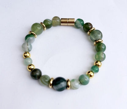 Green Agate Bracelet with Gold Spacers – Beaded Gemstone Bracelet – Magnetic Clasp – Unisex Balance Jewelry – Gift for Him or Her