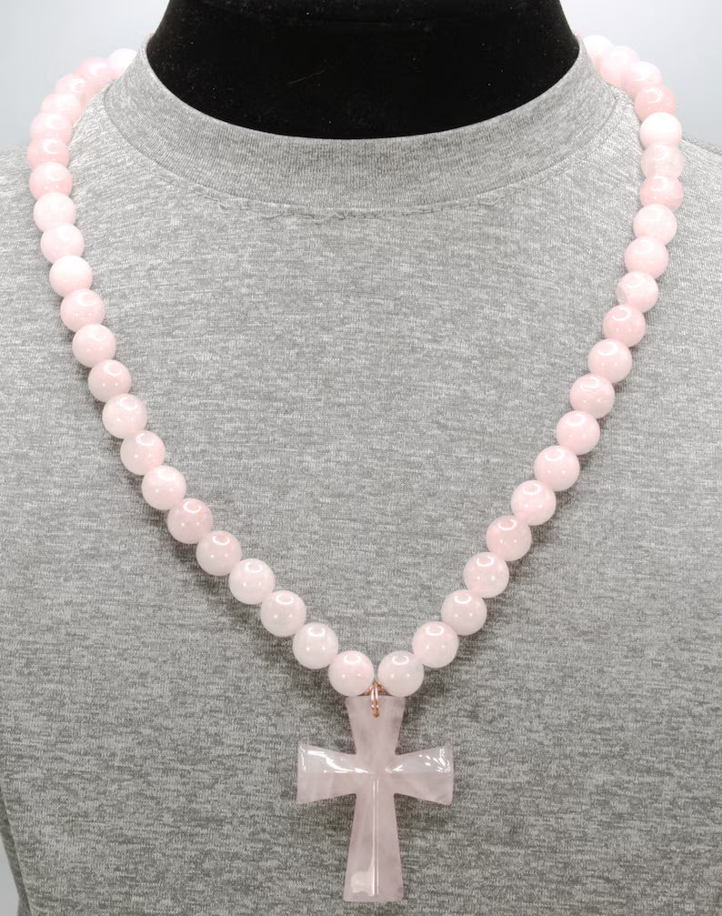 Genuine Rose Quartz Necklace with Rose Quartz Cross - Gift for Men/Woman - Spiritual Accessories - Religious Symbol