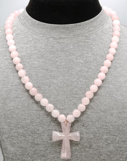 Genuine Rose Quartz Necklace with Rose Quartz Cross - Gift for Men/Woman - Spiritual Accessories - Religious Symbol