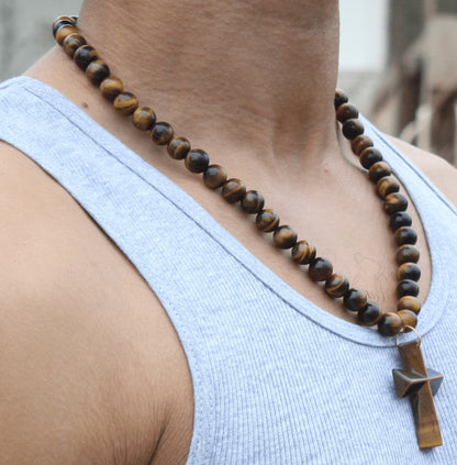 Cross Necklace for Men - Genuine Tigers Eye Neckless - Gift for Men/Woman - Spiritual Accessories - Religious Symbol