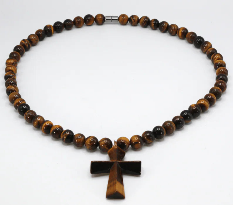 Cross Necklace for Men - Genuine Tigers Eye Neckless - Gift for Men/Woman - Spiritual Accessories - Religious Symbol