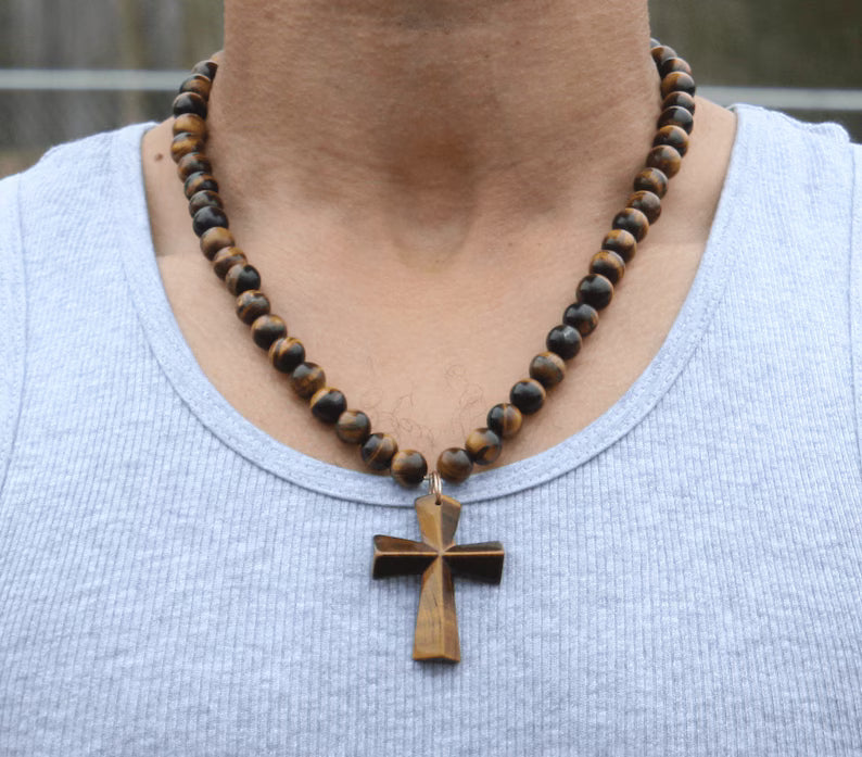 Cross Necklace for Men - Genuine Tigers Eye Neckless - Gift for Men/Woman - Spiritual Accessories - Religious Symbol