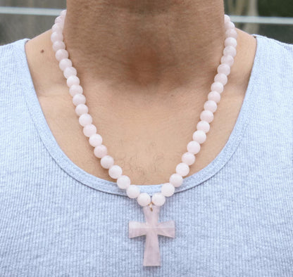 Genuine Rose Quartz Necklace with Rose Quartz Cross - Gift for Men/Woman - Spiritual Accessories - Religious Symbol
