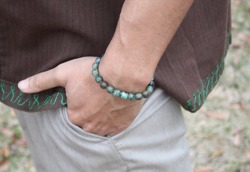 African Turquoise Bracelet - 8mm Gemstone Bead Jewelry for Men/Women - The Stone of Evolution and Renewal