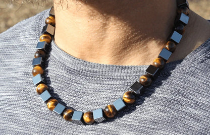 Hematite and Yellow Tiger’s Eye Necklace – 10mm Beaded Protection Jewelry | Gift for Men & Women