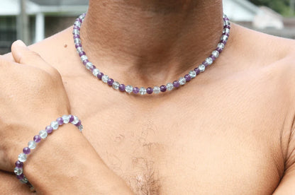 Topaz & Amethyst Necklace and Bracelet Set – Genuine Gemstone Jewelry for Insight, Intuition & Spiritual Healing – Handmade Crystal Set for Men & Women