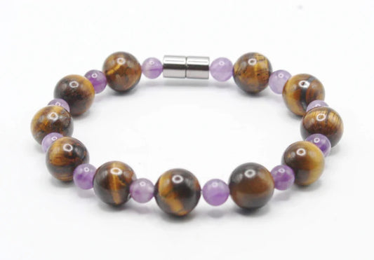 Tigers Eye & Amethyst Bracelet - Genuine Gemstone Jewelry for Men/Women - Easy Lock Clasp - Serenity - Self Confidence - Motivation