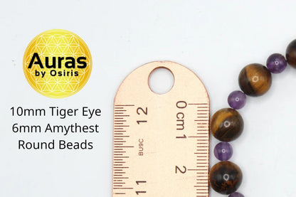 Tigers Eye & Amethyst Bracelet - Genuine Gemstone Jewelry for Men/Women - Easy Lock Clasp - Serenity - Self Confidence - Motivation