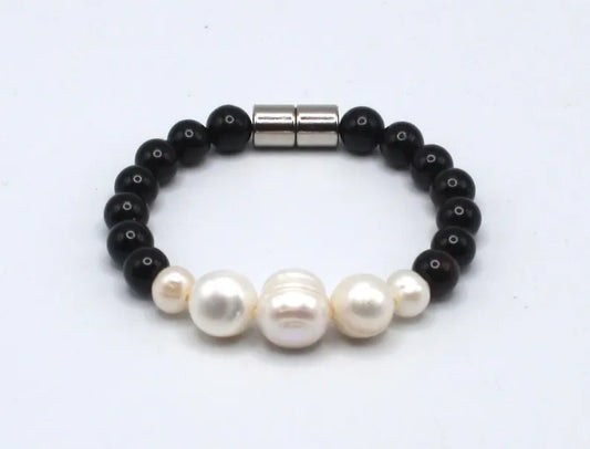 Onyx and Graduated Pearl Bracelet - Gemstone Jewelry - Healing Crystal Bracelet for Men/Women