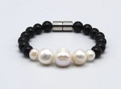 Onyx and Graduated Pearl Bracelet - Gemstone Jewelry - Healing Crystal Bracelet for Men/Women