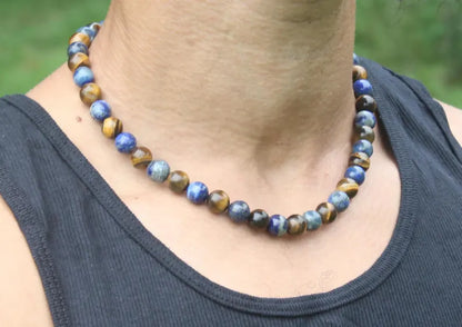 Lapis Lazuli & Yellow Tiger Eye Necklace – 10mm Beaded Choker | Genuine Gemstone Jewelry for Men & Women