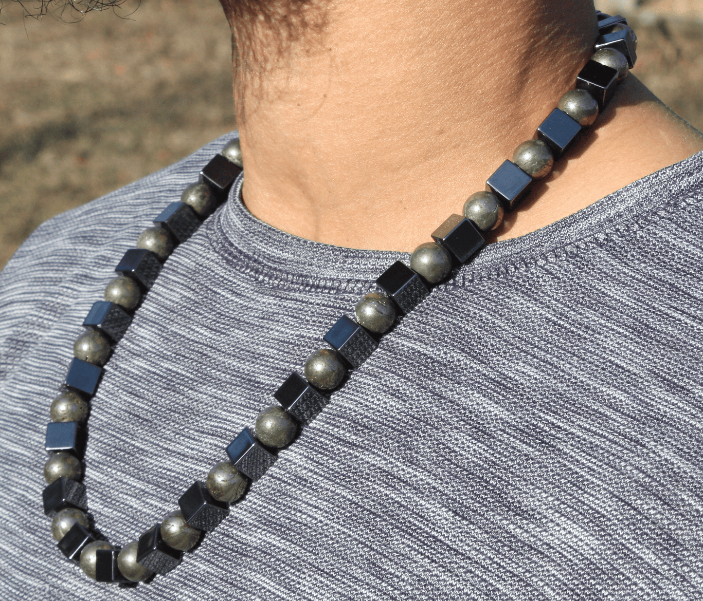 Hematite Cube and Pyrite Sphere Necklace - Gifts for Men/Women - A Striking Balance of Strength and Wealth