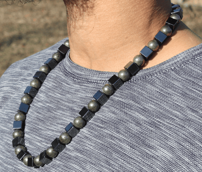 Hematite Cube & Pyrite Sphere Necklace – Handmade Gemstone Jewelry for Strength, Wealth & Protection