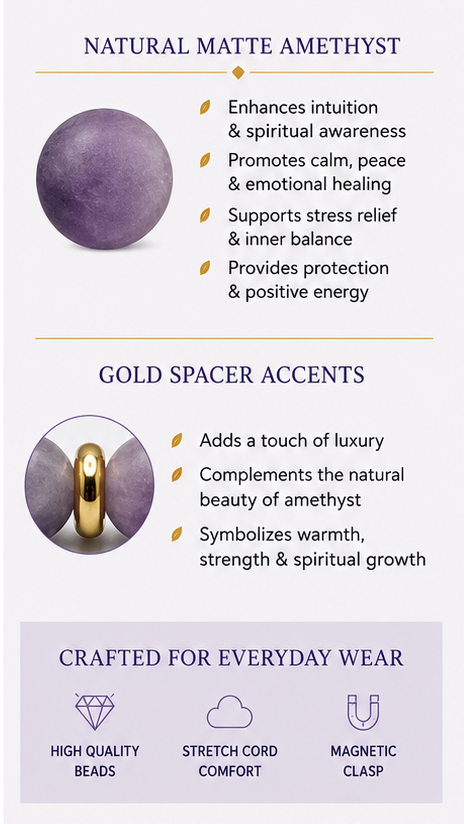 Matte Amethyst Bracelet with Gold Spacers – Magnetic Clasp – Spiritual Awareness Gift – Handmade Jewelry