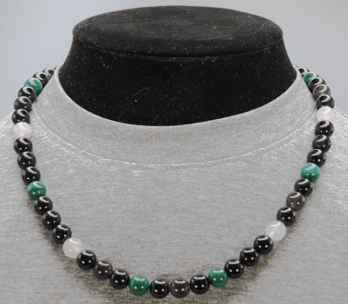 Black Onyx, Black Tourmaline, Malachite, and Rose Quartz Necklace - A Harmonic Blend of Protection, Healing, and Love