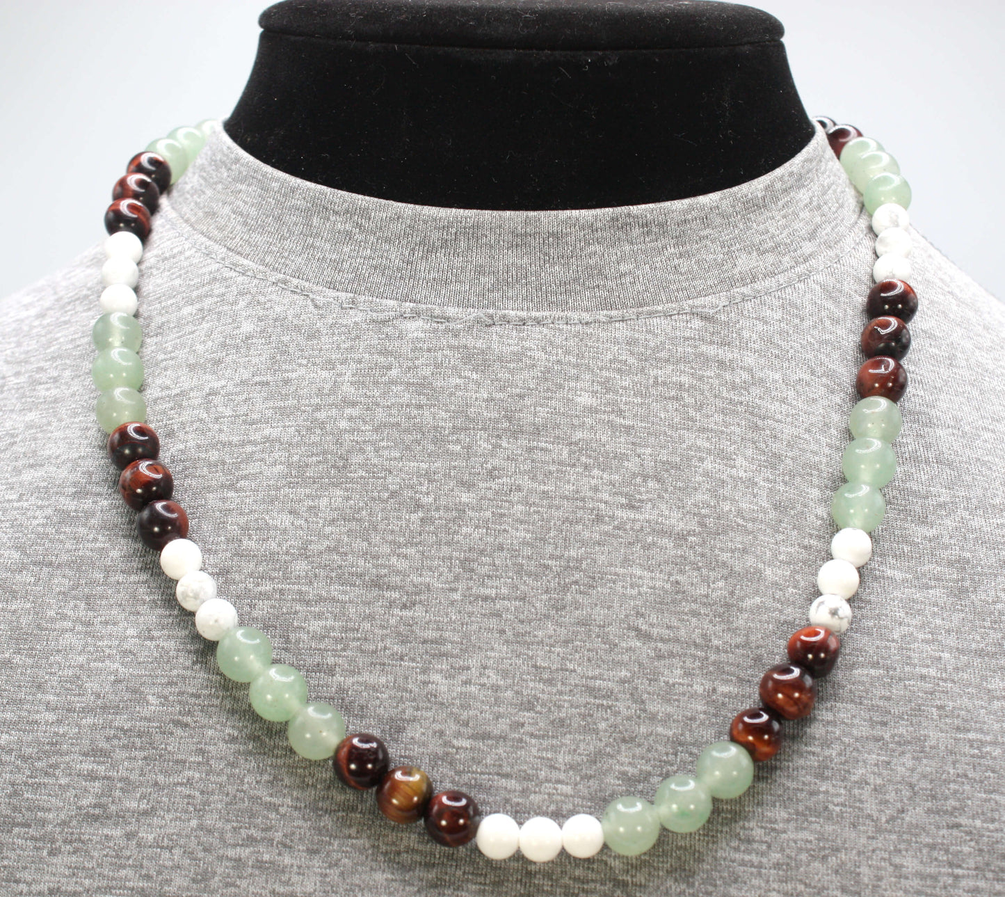 Genuine Howlite, Green Adventurine, Red Tiger Eye Necklace - For Men/Women - 6mm & 8mm Beads - Mexico Necklace