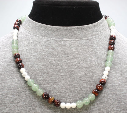 Auras by Osiris Howlite, Aventurine & Red Tiger Eye Necklace 🌈 | 6mm/8mm Calm, Prosperity & Courage (Mexico Artisanal)