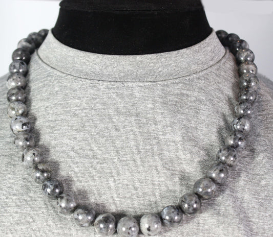 Larvikite Necklace - 12mm Beaded Necklace for Men/Women - Labradorite Necklace
