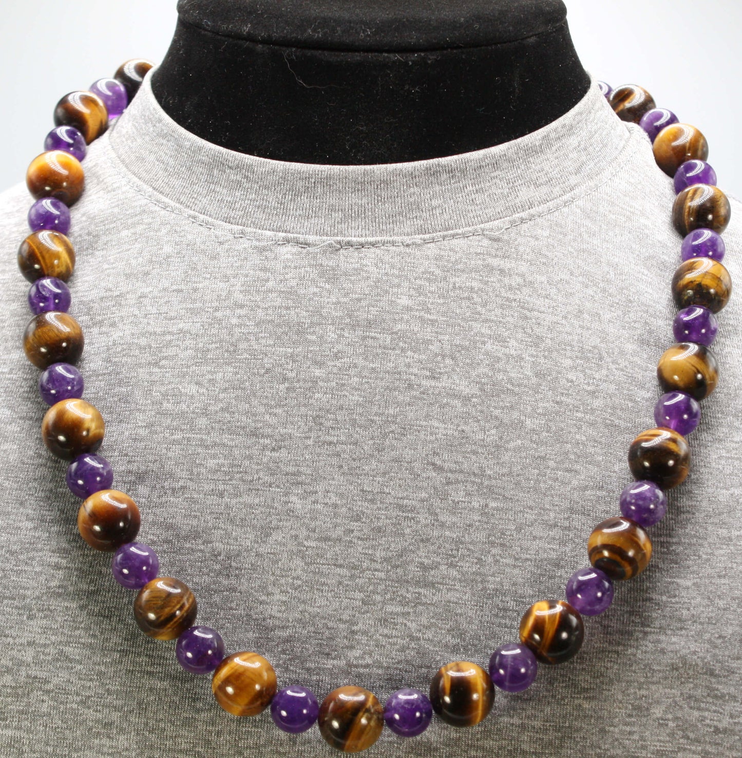Genuine Tiger Eye and Amethyst Necklace - Gifts for Men/Women - 14mm and 10mm Beaded Necklace