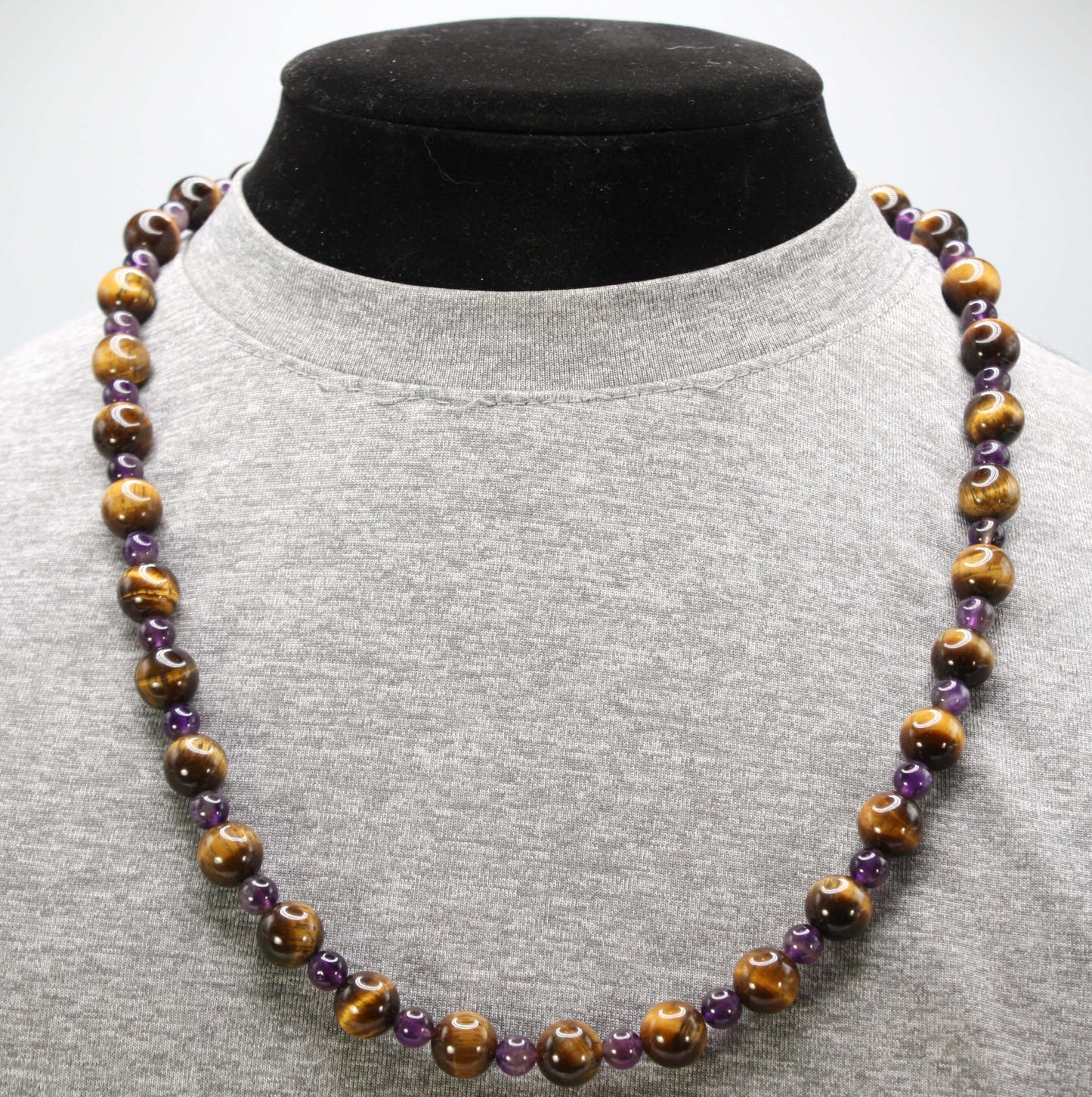 Genuine Tigers Eye and Amethyst Necklace - Gifts for Men/Women - 10mm and 6mm Beaded Necklace