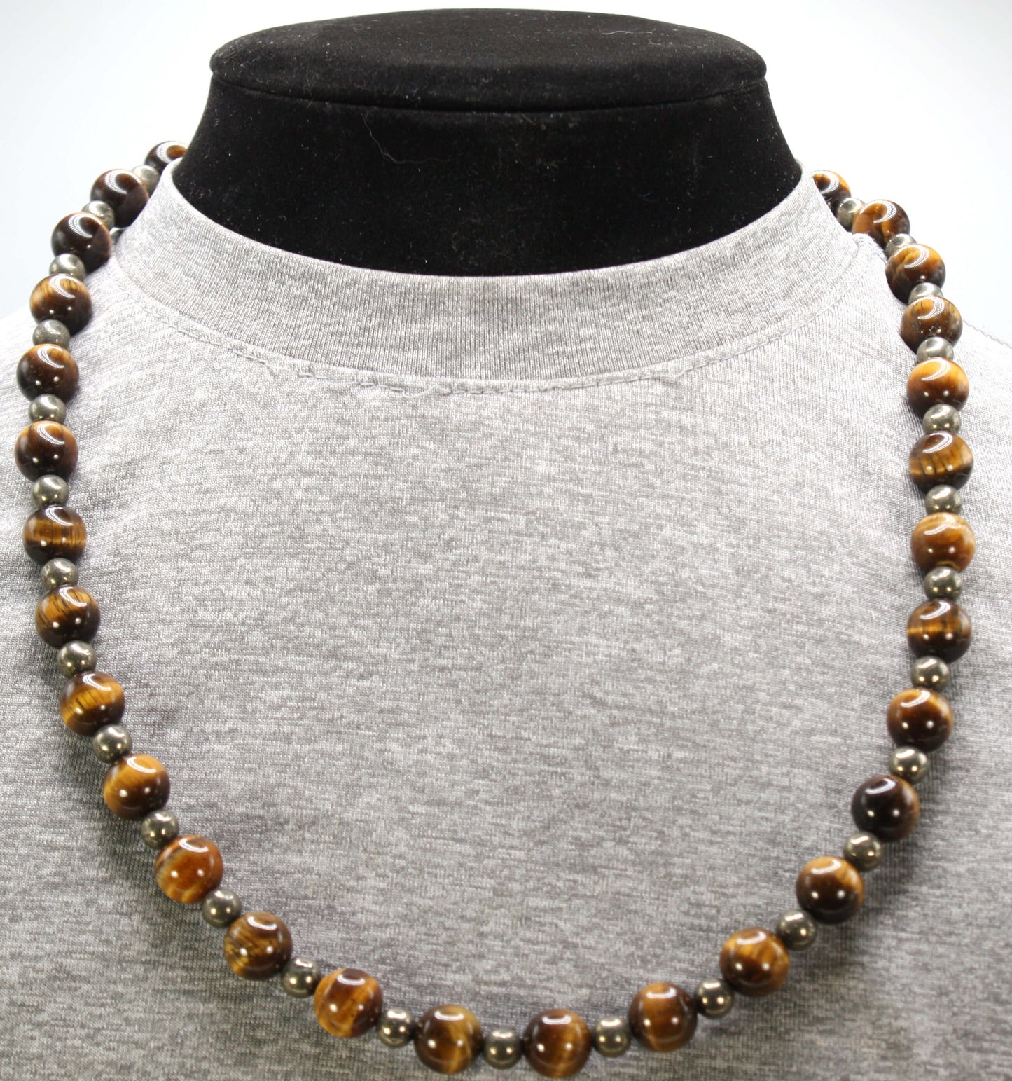 Genuine Tiger Eye and Pyrite Necklace - Gift for Men/Women - 10mm and 6mm Beaded Necklace
