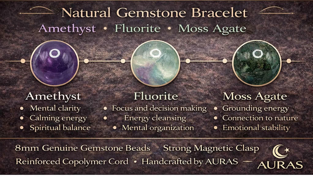 Amethyst Fluorite Moss Agate bracelet for Virgo Zodiac Sign