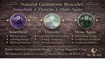 Amethyst Fluorite Moss Agate bracelet for Virgo Zodiac Sign