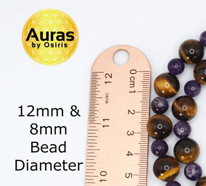 Tiger Eye & Amethyst Necklace – Genuine Healing Crystal Jewelry for Men & Women | Courage, Calm & Spiritual Balance (12mm & 8mm Beads)