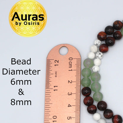 Auras by Osiris Howlite, Aventurine & Red Tiger Eye Necklace 🌈 | 6mm/8mm Calm, Prosperity & Courage (Mexico Artisanal)