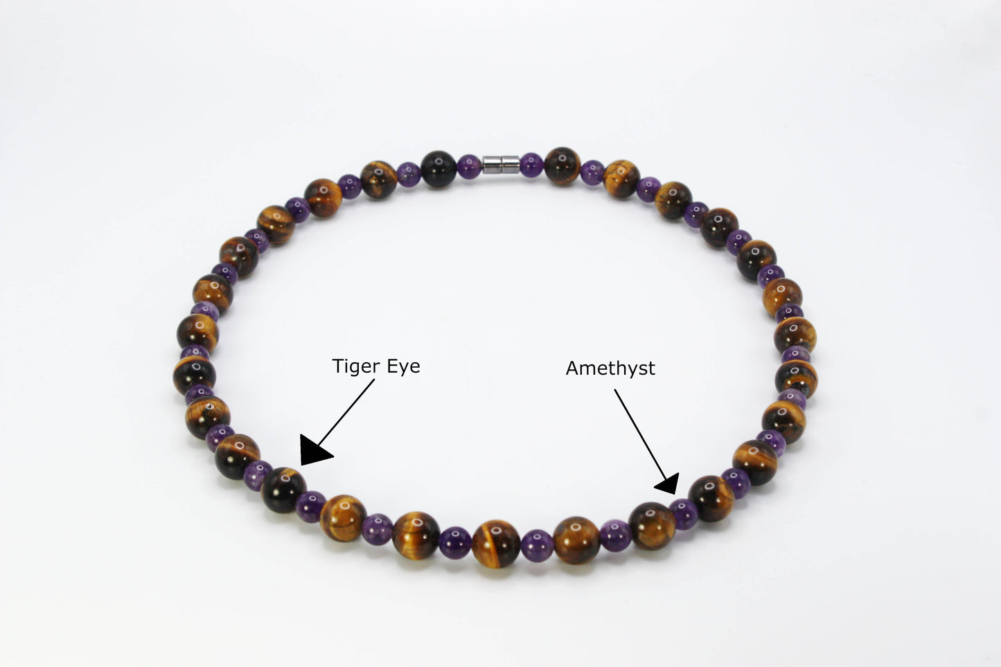 Genuine Tiger Eye and Amethyst Necklace - Gifts for Men/Women - 12mm and 8mm Beaded Necklace