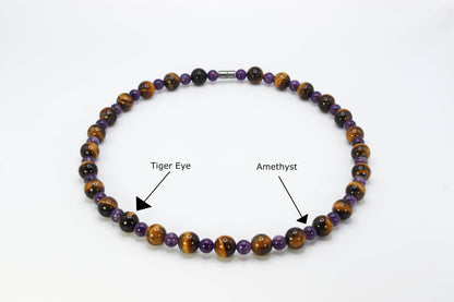 Tiger Eye & Amethyst Necklace – Genuine Healing Crystal Jewelry for Men & Women | Courage, Calm & Spiritual Balance (12mm & 8mm Beads)
