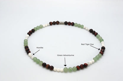 Auras by Osiris Howlite, Aventurine & Red Tiger Eye Necklace 🌈 | 6mm/8mm Calm, Prosperity & Courage (Mexico Artisanal)