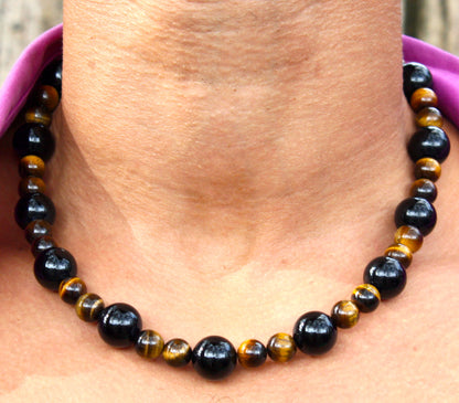 24-Inch Black Onyx & Yellow Tiger Eye Necklace – 10-20mm AAA Gemstone Beads | Protection, Confidence & Healing Jewelry