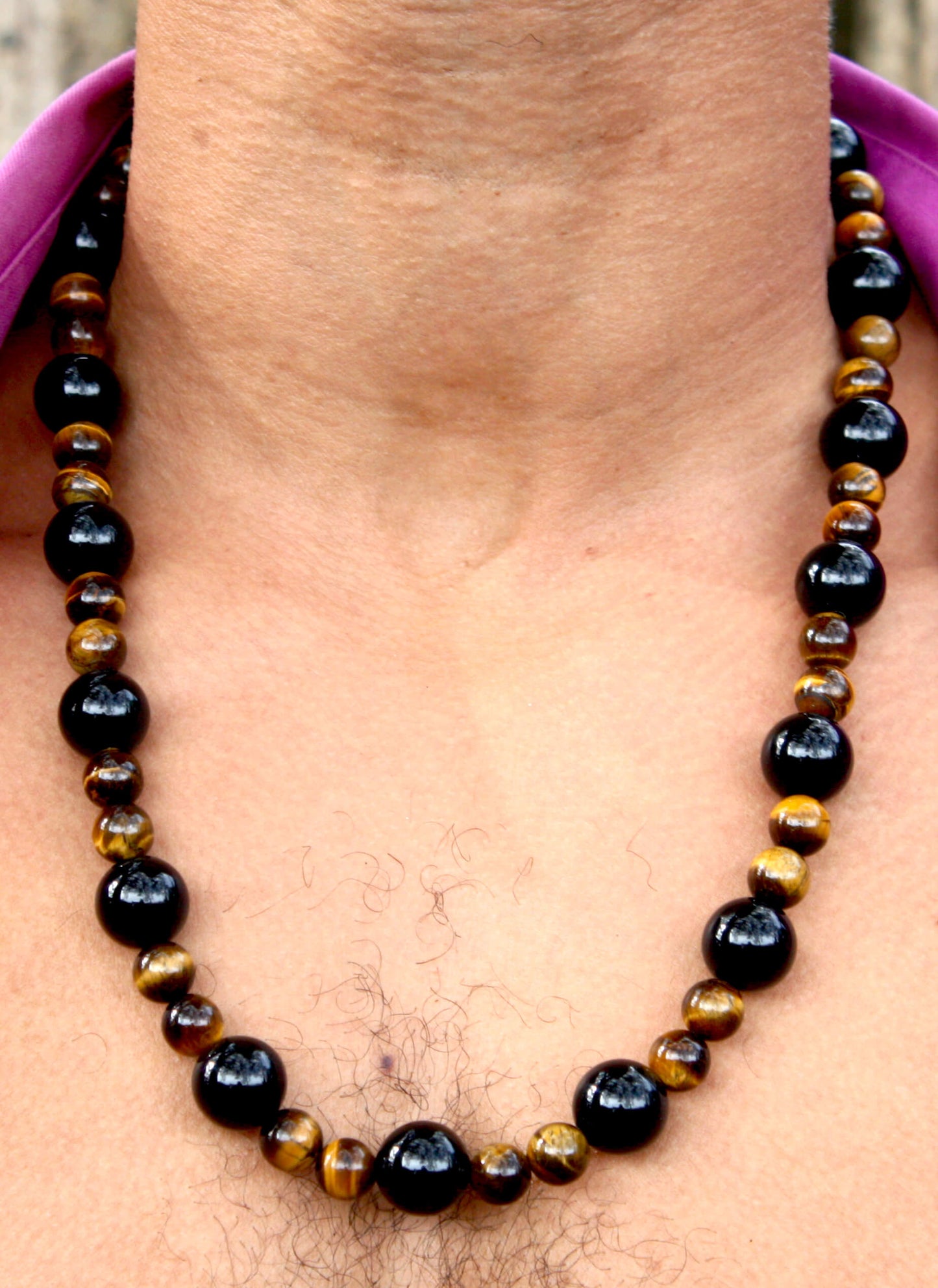 Black Onyx and Yellow Tiger Eye Necklace 24 inch