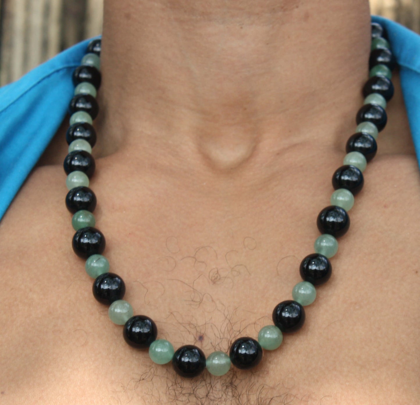 Black Onyx and Green Jade Aventurine Beaded Necklace 24 inch
