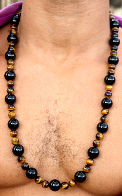 30 Inch Black Onyx & Yellow Tiger Eye Necklace – Healing Crystal Jewelry for Protection, Confidence & Spiritual Balance