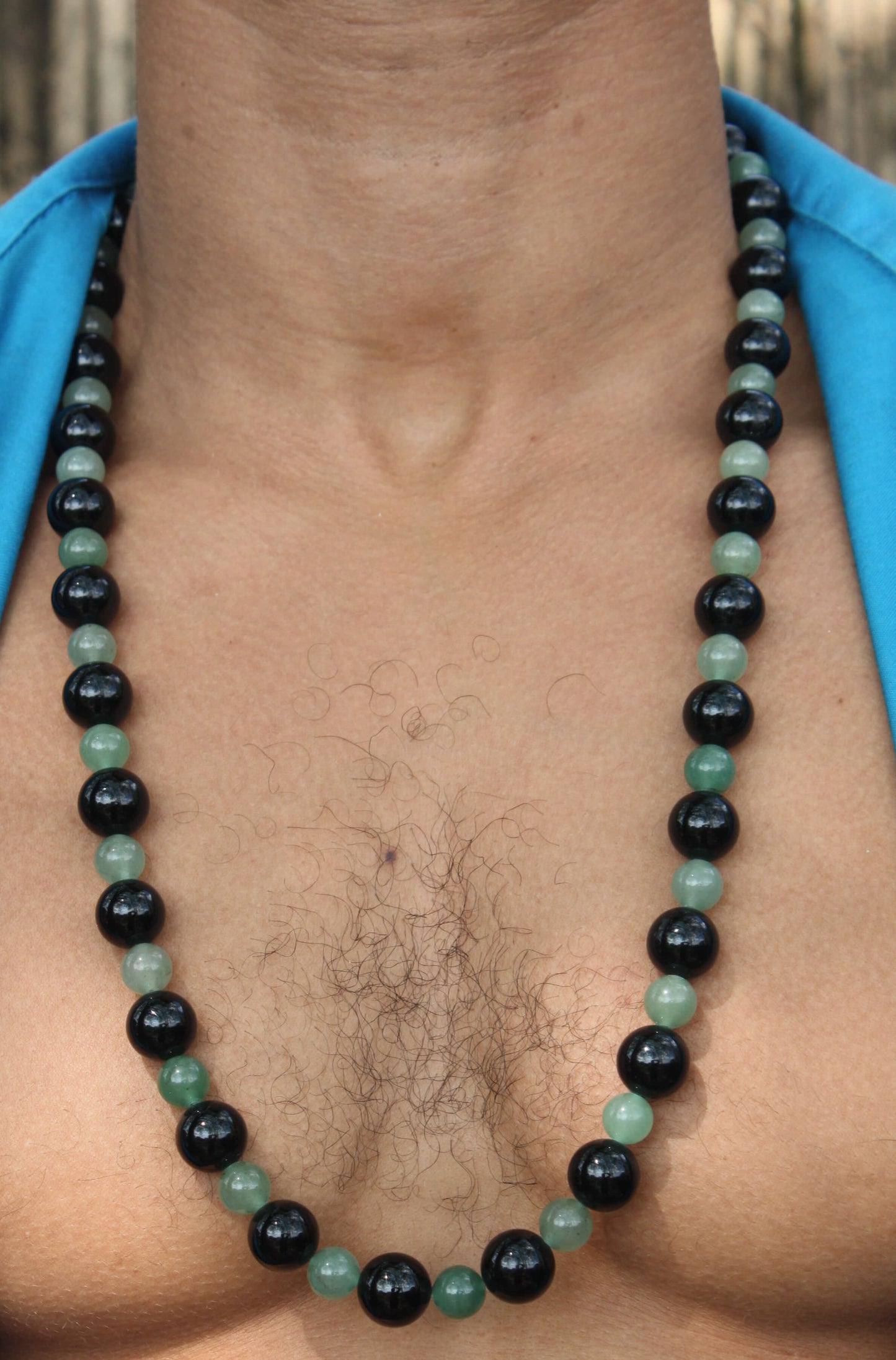 Black Onyx and Green Jade Aventurine Beaded Necklace 30 inch