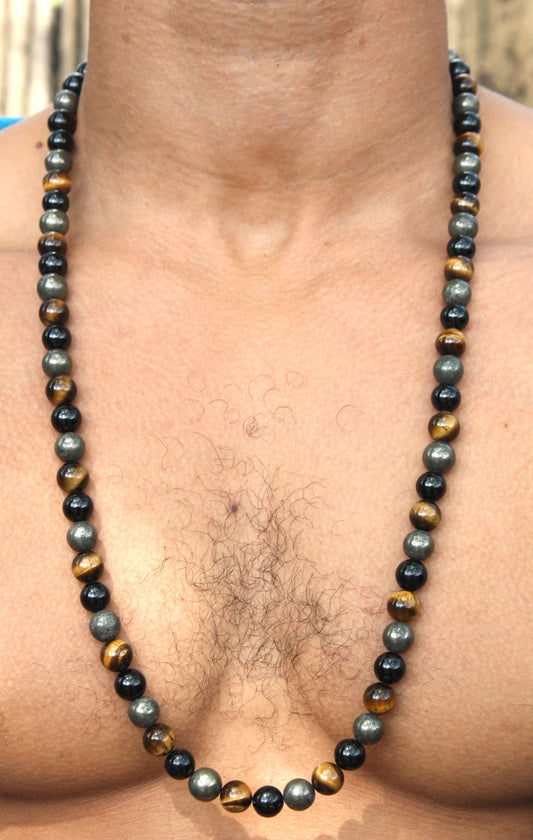 30 Inch Triple Protection Necklace – 10mm Tiger Eye, Black Tourmaline & Hematite Beads – Grounding & Healing Crystal Jewelry
