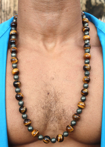 30 Inch Tiger Eye & Pyrite Necklace – Healing Crystal Jewelry for Protection, Confidence & Prosperity