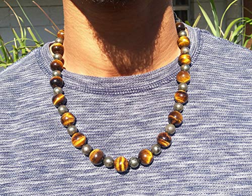 Tigers Eye and Pyrite Necklace for Men - Magnetic Clasp Necklace