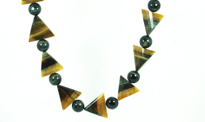 Large Tribal Necklace – 16mm Hawk’s Eye Chief’s Amulet with Blue & Yellow Triangle Facets