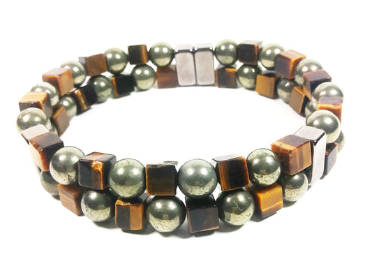 Pyrite & Tiger Eye 2 Row Bead Bracelet For Men And Women - Confidence - Protection -Super Strong Magnetic Clasp