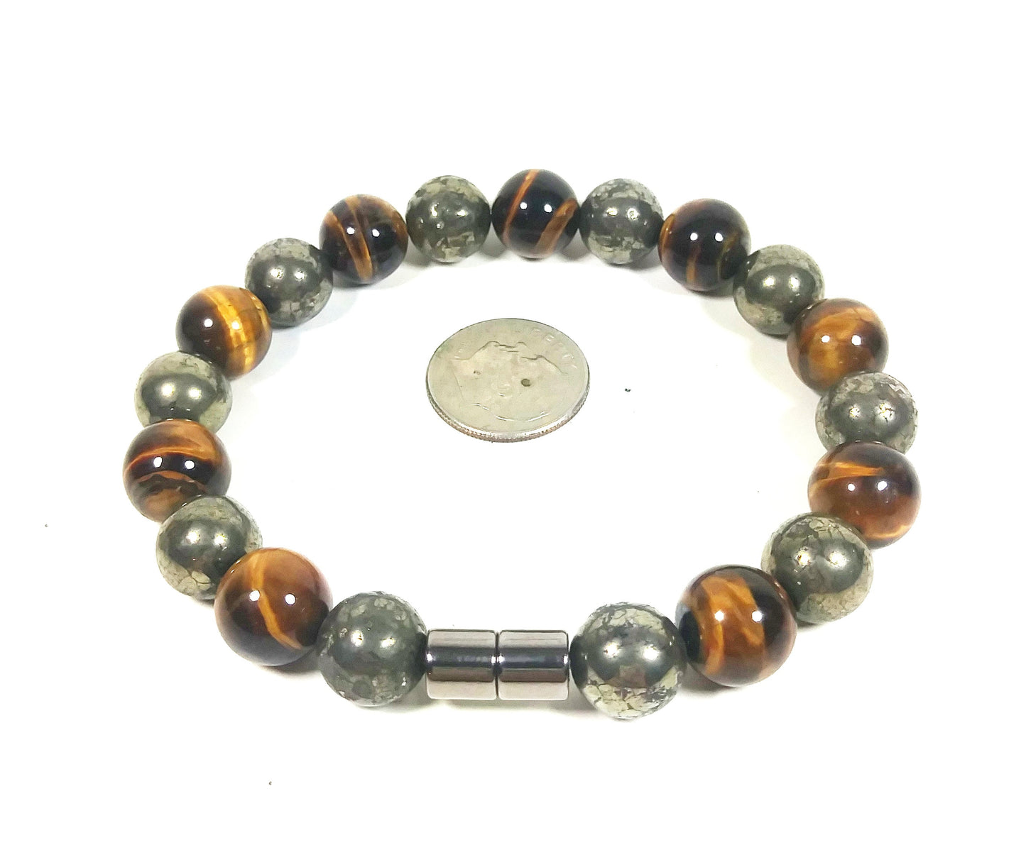 Pyrite & Tiger Eye Bead Bracelet For Men And Women - Confidence - Good Luck - Super Strong Magnetic Clasp