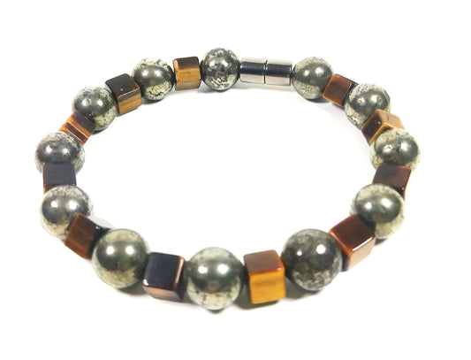 Pyrite & Tiger Eye Bead Bracelet For Men And Women - Confidence - Protection -Super Strong Magnetic Clasp