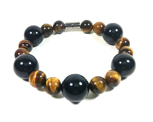 Tiger Eye & Onyx Bead Bracelet For Men And Women - Confidence - Protection -Super Strong Magnetic Clasp