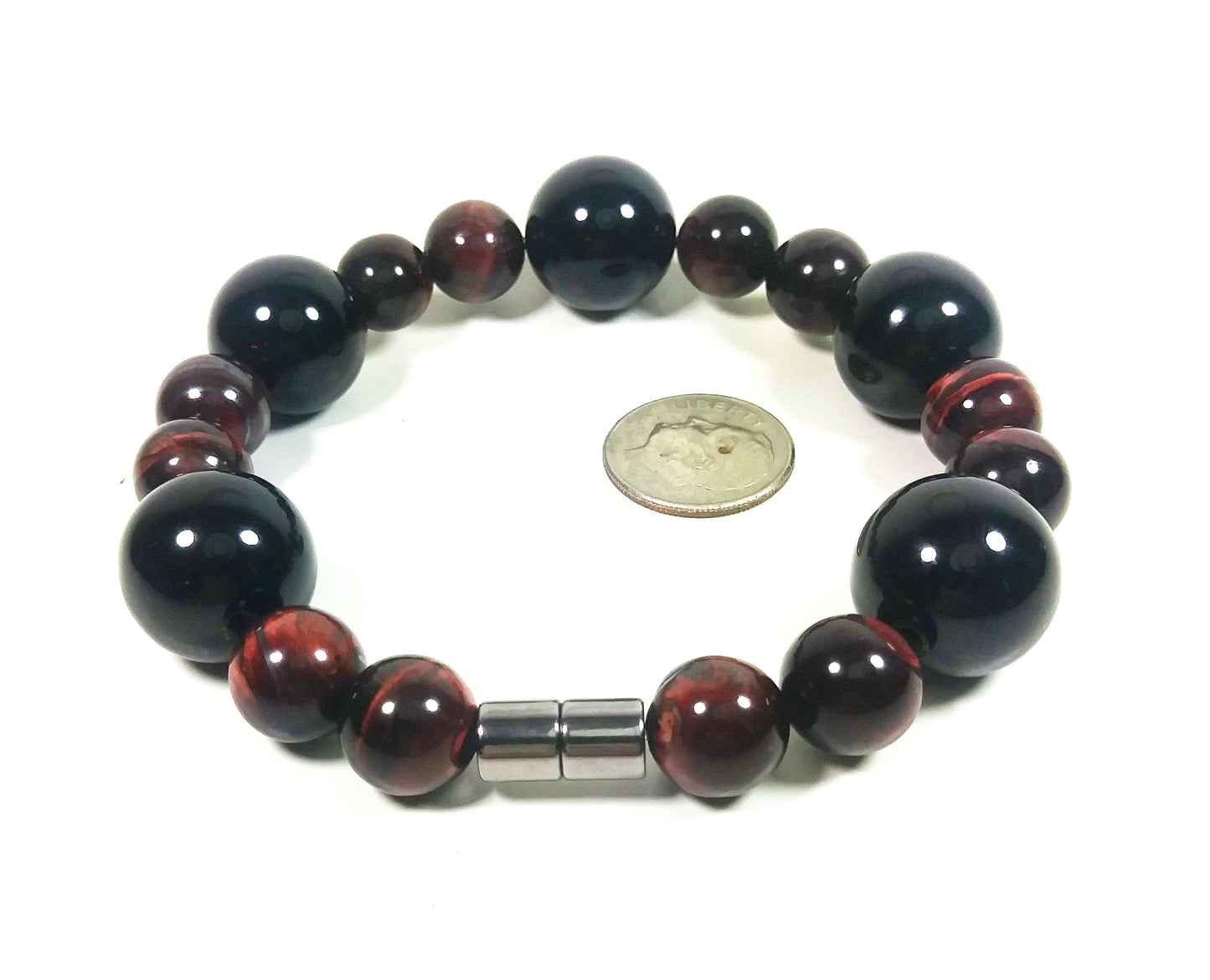 Red Tiger Eye & Onyx Bead Bracelet For Men And Women - Confidence - Protection -Super Strong Magnetic Clasp